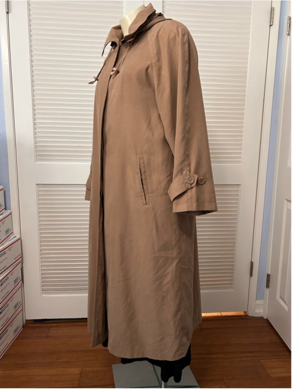 Gallery Petite Hooded Trench Coat Beige Longline Size 10 - Picture 6 of 12